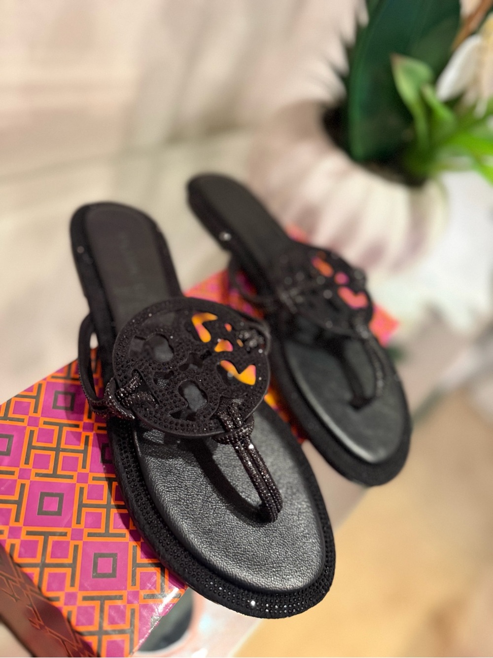 Tory Burch Black Jeweled Logo Thong Sandals